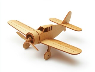 Detailed Wooden Toy Airplane Model on White Background
