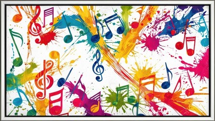 Colorful Musical Notes Flowing On Solid White Background With Vibrant Paint Splashes, Creating An Abstract Grunge Design. Ideal For Creative Projects, Artistic Backgrounds, And Music-Themed Visuals.	
