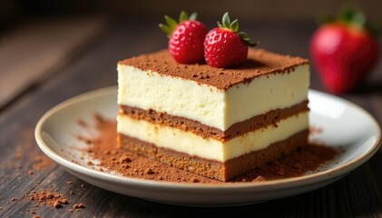 Rich, creamy tiramisu, dusted with cocoa powder, ready to serve , tiramisu, white background, delicious