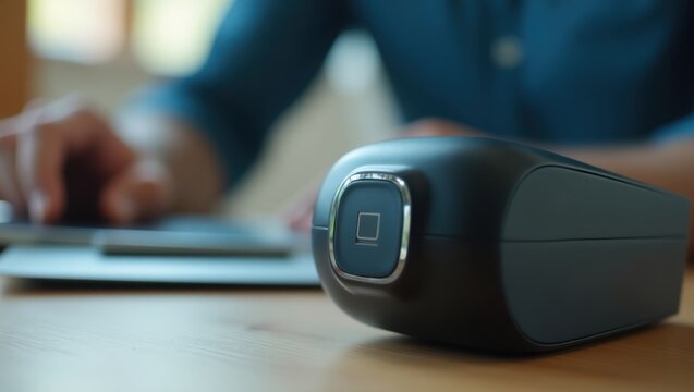 We work remotely. Mini Portable Printer inkless Plaud Note Vertical mouse Touchless technology monitor PolyAI Sumup card reader Gembah Murf ai Black barcode scanner, modern workplace, te