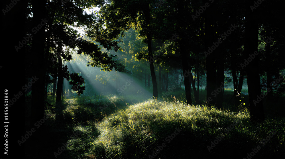 Poster forest whispers as sunlight breaks through the trees, creating a calm timberland setting.