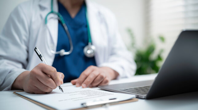 Doctor signing a document manually at desk