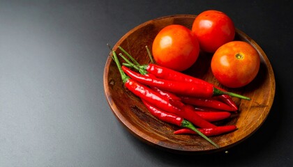 fresh red chilies and tomato in a traditional wooden plate
