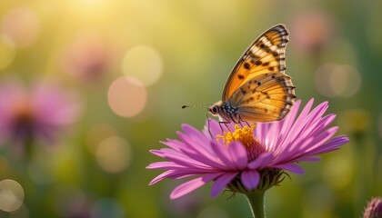 Fototapeta premium Butterfly pollinating flower in natural garden setting close-up photography vibrant colors nature's beauty serene environment macro view for wildlife enthusiasts