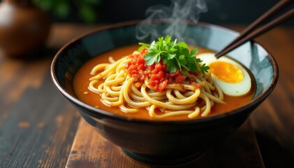 Steaming bowl of ramen noodles, chopsticks, garnish, healthy, hot