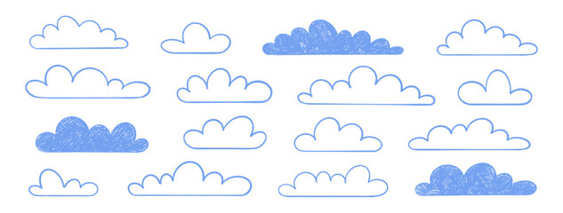 Clouds set. Blue crayon cumulus on white background. Hand drawn textured line and silhouette shapes in children's style. Chalk pastel doodles of weather elements, kid drawings. Sky vector illustration