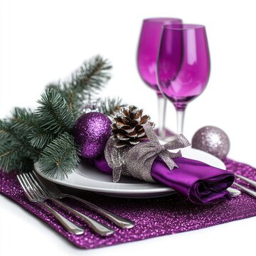Elegant Purple and Silver Christmas Table Setting