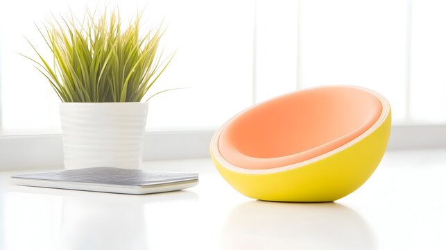 A vibrant yellow and peach colored, half-sphere shaped lamp sits on a white surface near a small plant and notebook