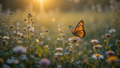 Butterfly landing gracefully on blossoming flower sunrise meadow nature photography soft glow close-up tranquil beauty