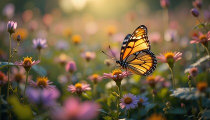 Fototapeta premium Graceful monarch butterfly fluttering above vibrant wildflowers in a serene meadow during golden hour capturing nature's beauty and serenity