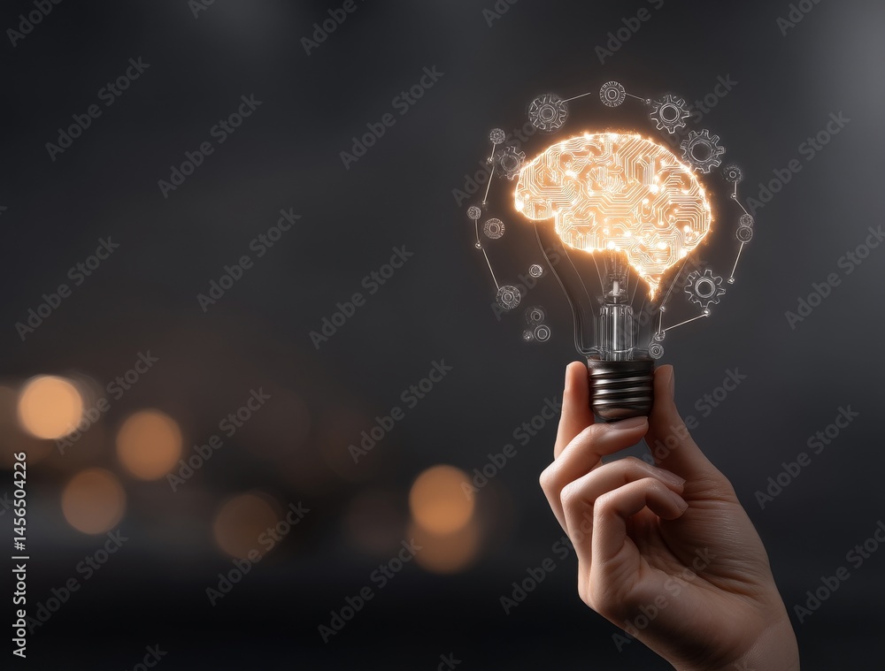 Poster an image depicting a hand grasping a light bulb and cog, set against a backdrop of a brain with inno