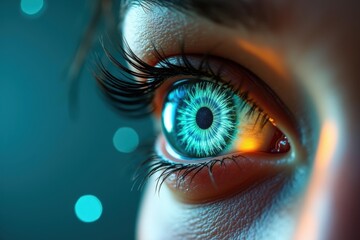 Gaze of trust. Close-up blue eye with long eyelashes glowing futuristi