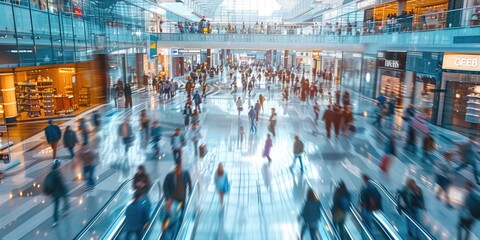 Busy indoor shopping mall with people walking through the commercial space. Long exposure photography capturing motion blur. Urban shopping and retail experience. Diverse people visit at mall. AIG55.