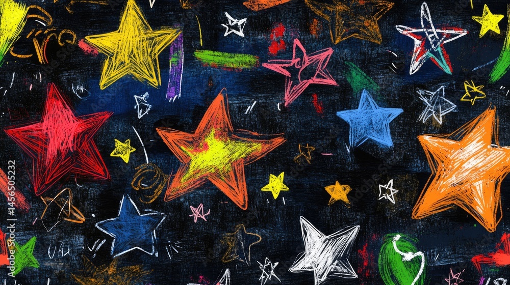 Poster whimsical hand-drawn stars splashed across a rich dark background, celestial pattern