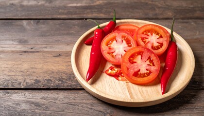 red tomatoes and chili on a wooden table