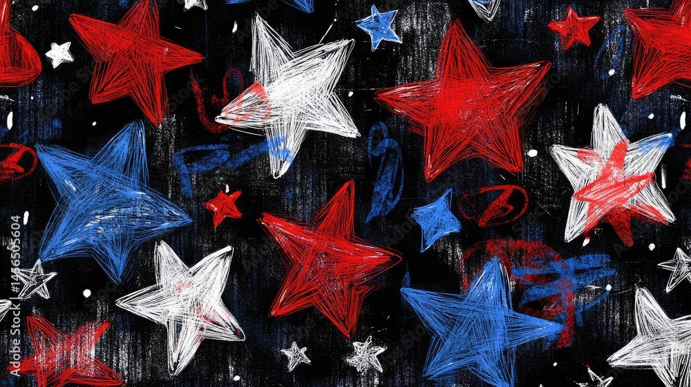 Poster whimsical hand-drawn stars splashed across a rich dark background, celestial pattern