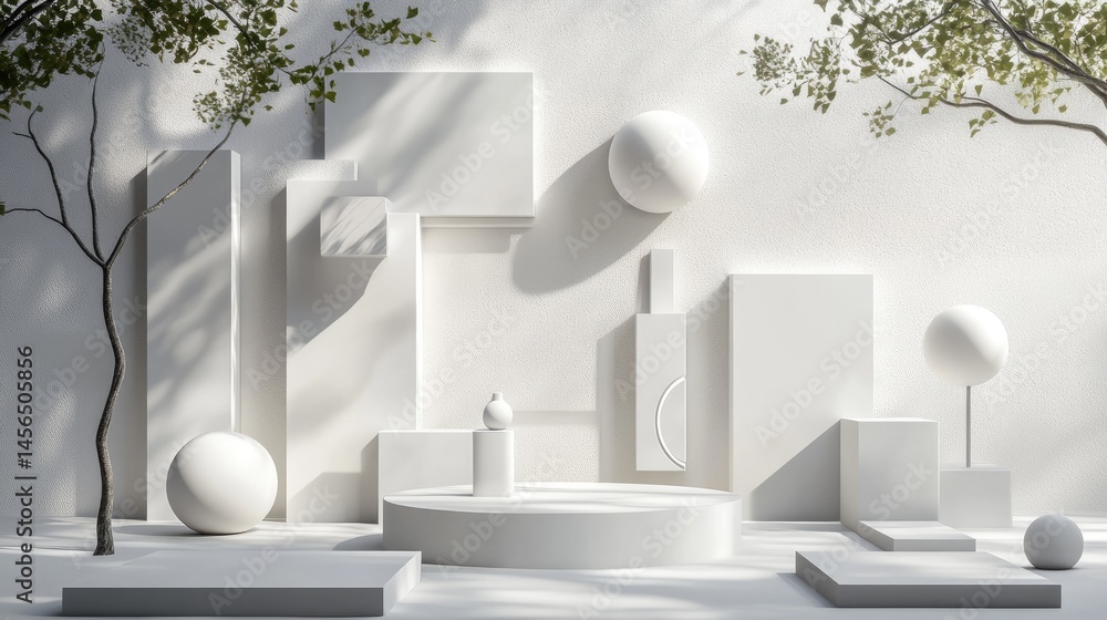 Poster white 3d shapes create a modern, abstract space with an elegant central podium