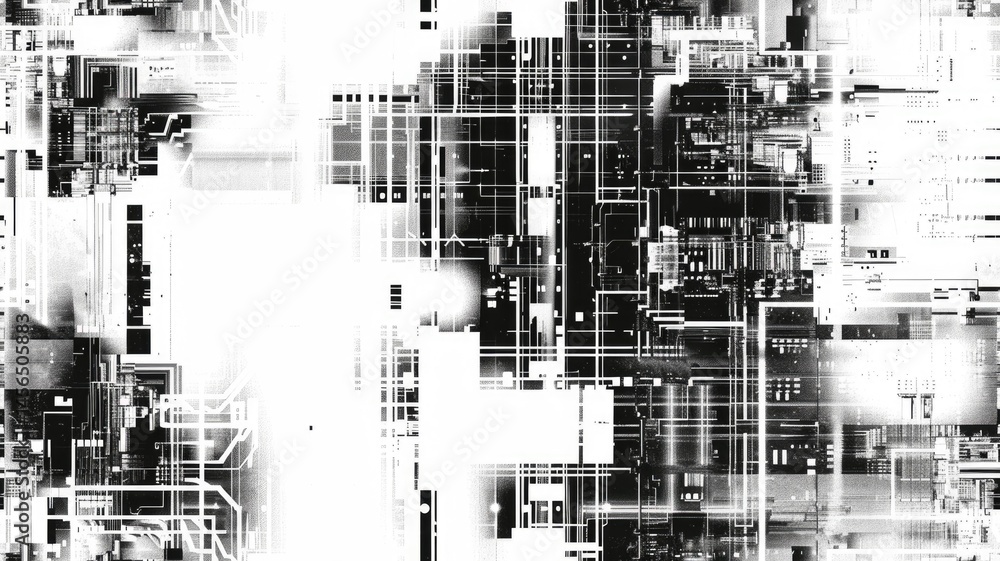 Poster The abstract picture of glitch circuit in square shape sketched by black color use shading to express software effect and algorithm graphic of digital chip through modern and electronic style. AIG53.