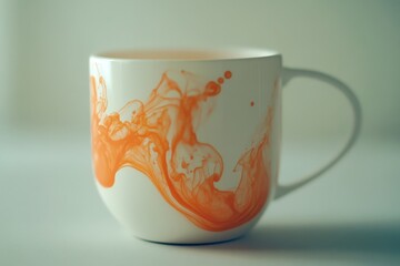 A ceramic mug adorned with abstract orange designs.