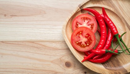 fresh red chilies and tomato sliced at wooden plate tabletop, natural overcast daylight