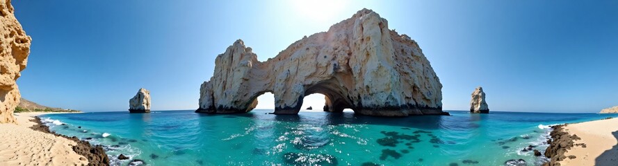 360 degree of the famous rock formation surrounded by turquoise waters, 360 degree image of Cabo San Lucas Arch.