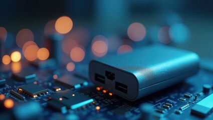 Workato. Portable silver power bank on blue circuit board with bokeh l