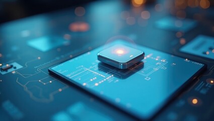 Workflow Automation. Microchip silicon processor on circuit board clos