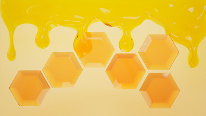 golden honey flowing through hexagonal honeycomb. Bright design concept. Conveys natural sweetness, purity, organic products. Perfect for advertising, packaging or healthy food content.
