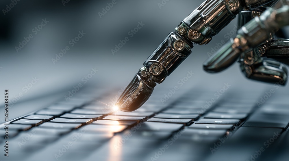 Poster the concept of robotic stock is represented by robot hands pointing to a laptop button, alongside an