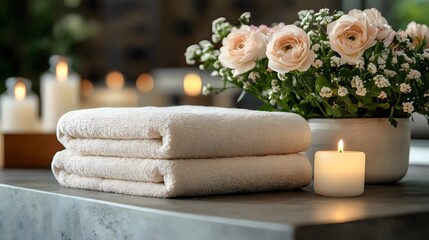 Relaxing spa setting with folded towels, candles, and delicate floral arrangement.
