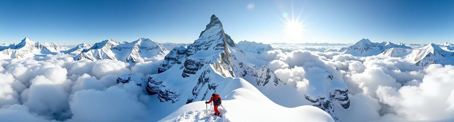 360 degree from high up on the iconic mountain, surrounded by snow and clouds, Climbing the Swiss Matterhorn.