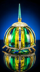 Green and gold jeweled egg on dark blue background, luxury, reflection