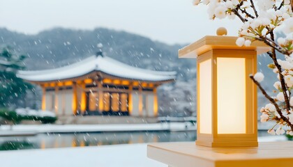 Snow falls on a serene Asian temple reflected in a still pond, illuminated by a warm light from a nearby lantern. Cherry blossoms add a touch of spring amidst winter's chill