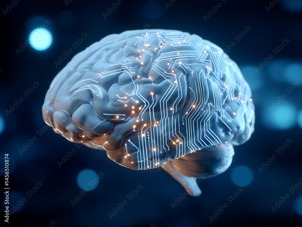 Poster a futuristic illustration of the brain, replete with neural networks and circuits, serves as a symbo