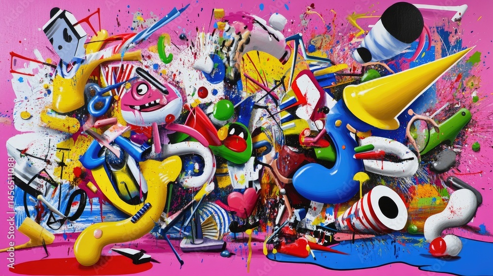 Poster vivid abstract pop art with an explosion of color bursts, rhythmic waves, and dynamic motion