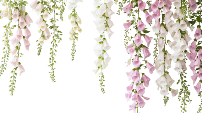 Vertical rows of foxglove flowers, colorful foxglove flowers, arranged vertically and hanging, the beauty of vertical foxglove flowers, foxglove flowers of different colors, on a transparent backgroun
