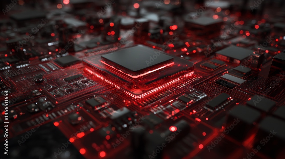 Poster a digital electronic circuit board is depicted with an abstract structure comprising numerous glowin