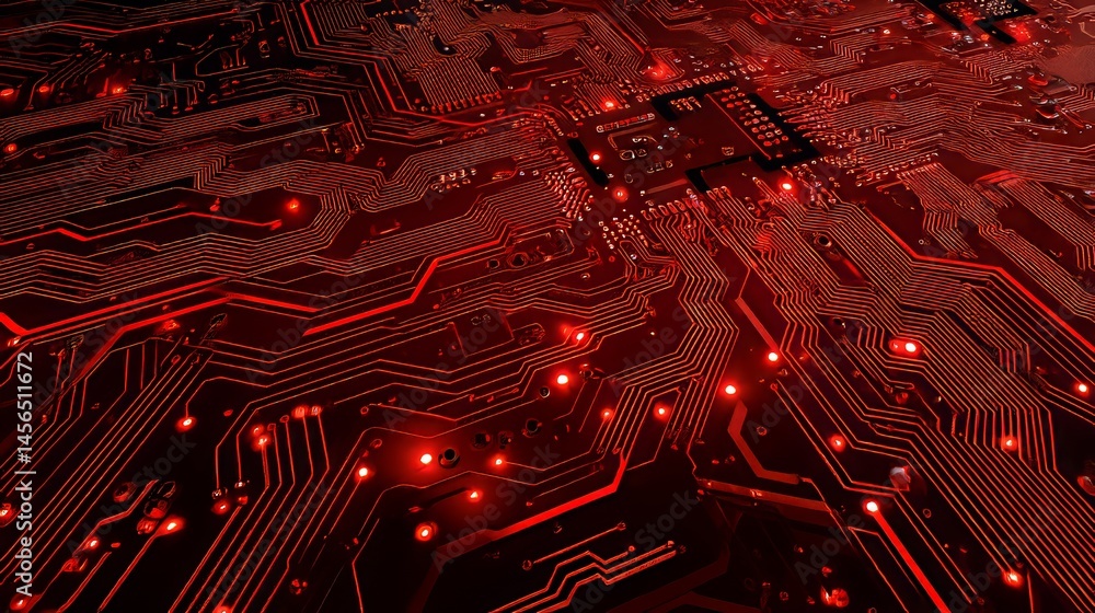 Poster an abstract digital electronic circuit board structure is composed of many glowing lines and geometr