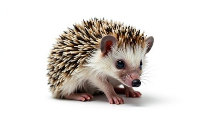 Obraz premium A tiny hedgehog, curled into a ball, isolated on pure white background , round, creature