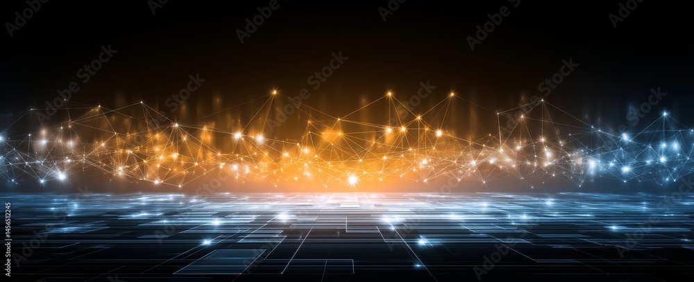 Poster a cyber network grid and connected particles set against an abstract blue technology background, sym