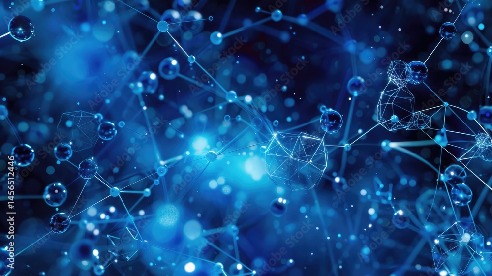Poster this abstract blue background features intricate patterns and scientific elements, creating a stunni