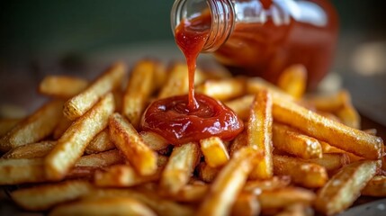 Crispy golden French fries with rich red ketchup drizzles from a glass bottle. 11