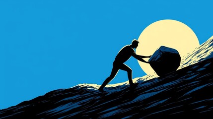 A driven and determined hiker carefully ascends a rocky and challenging terrain against a vibrant sky backdrop