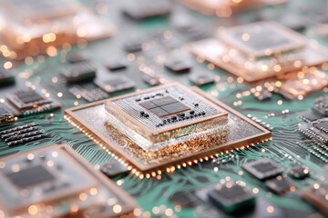 Obraz premium A green circuit board symbolizing technological advancements in chips, including GPU and CPU, ideal for highlighting trends such as AI, IoT, Big Data, and semiconductors, captured in a high-quality