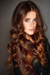 Naklejka premium A young woman with long, flowing hair is savoring a tranquil indoor moment