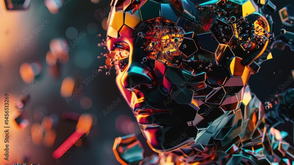 Poster explore a vibrant 3d design featuring human elements with a metallic finish, blending innovative tec