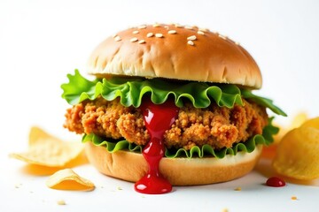 Crispy chicken sandwich, sauce, chips on white , background, chicken, isolated