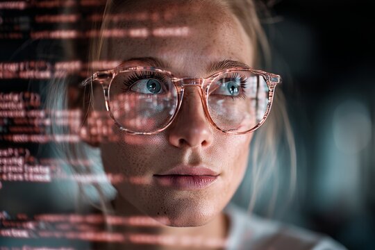 A programmer, possibly an IT specialist, wears glasses while reading a software script for data analysis and cybersecurity research, set against a backdrop of computer, hologram, and coding elements