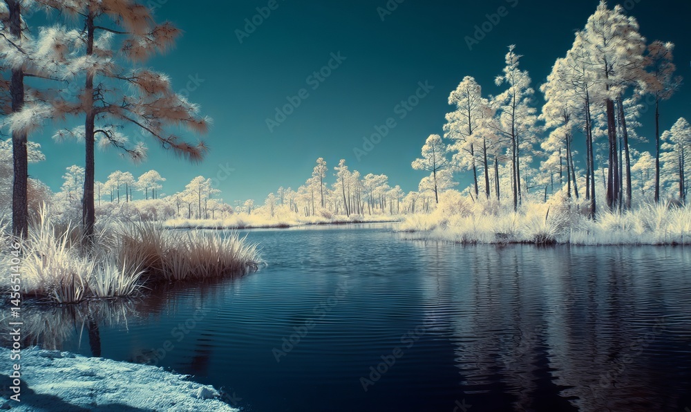 Poster infrared photography captures trees and a lakefront in abstract surreal color