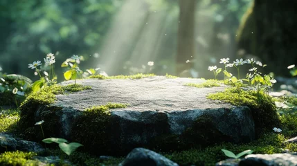 Gordijnen A mossy rock in a sun-dappled forest © 楠 姜